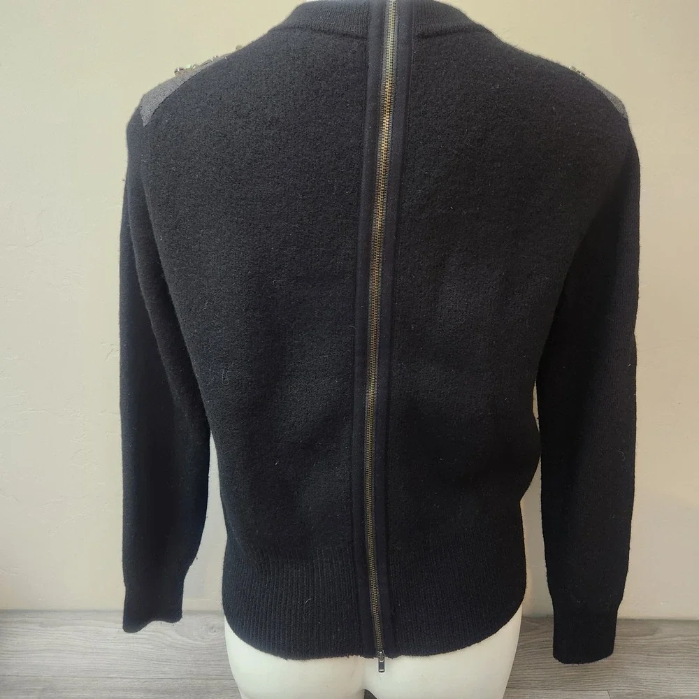 J. Crew Black Sweater Size S Merino Full Zip Back Embellish Shoulder Detail Crew